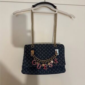 Guess Quilted Navy Shoulder Bag with Gold Chain and Pink Logo Charms